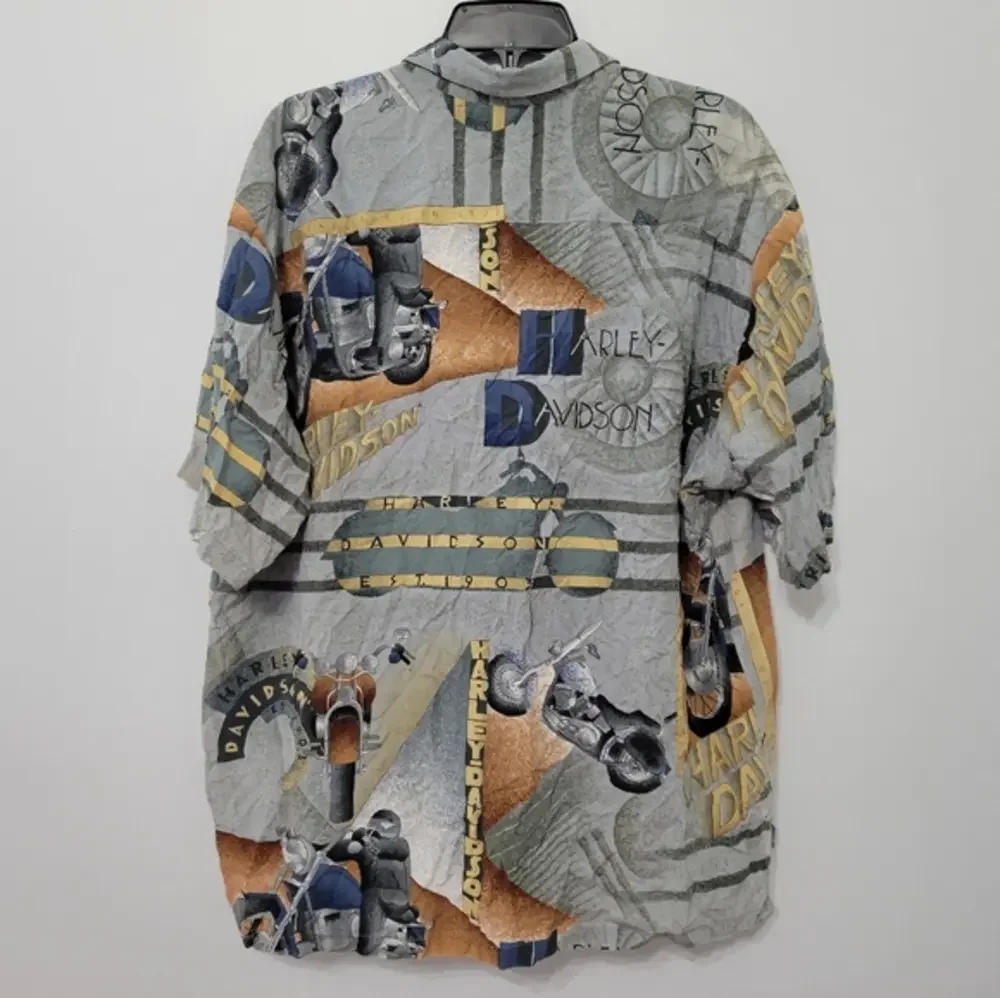 Harley Davidson Vtg Men's Gray Hawaiian Motorcycle Collage Style Shirt, Size 2XL - Picture 10 of 12